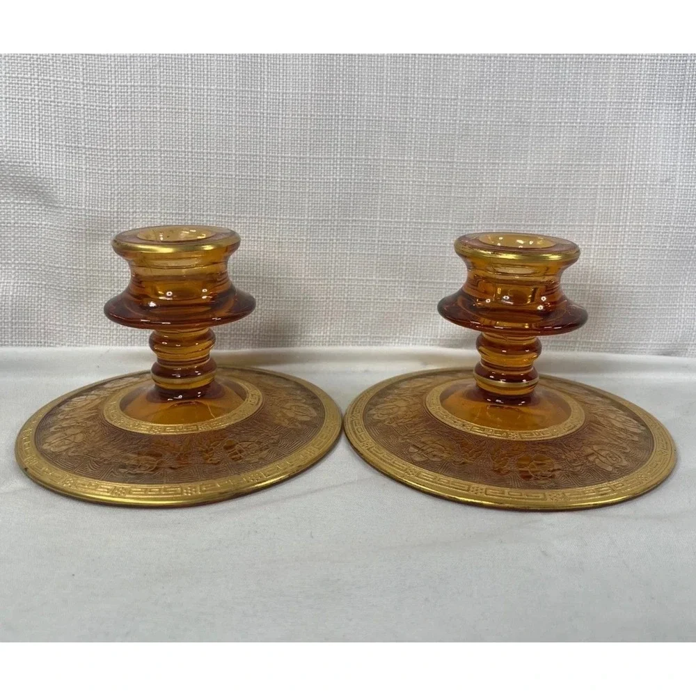 Vintage Amber Glass Candlestick Holders Pair Etched Rose Gold Greek Key 3.5